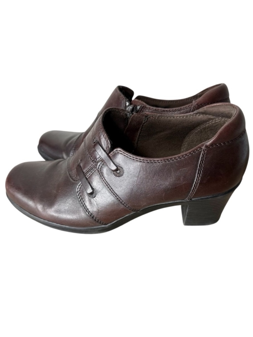 CLARKS Bendables Brown Leather Shooties Booties Chunky Block Heel Zipper Sz 7.5